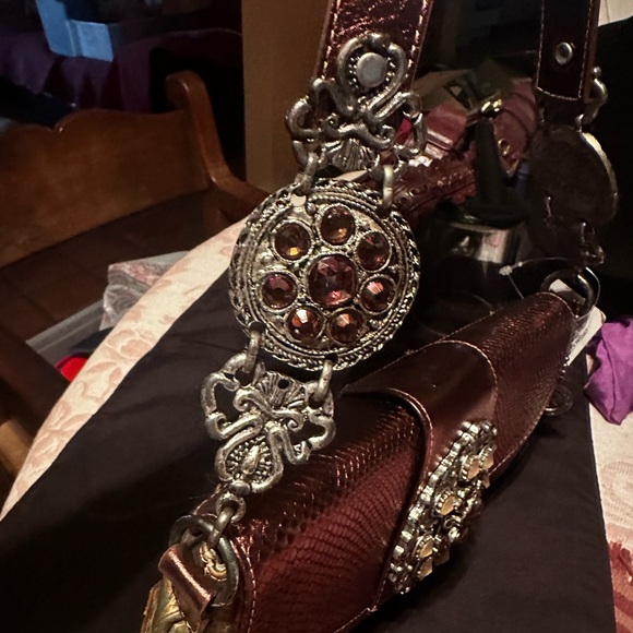 Vintage Leatherock Tooled Leather,Rhinestones & Abalone Bag - Picture 4 of 7